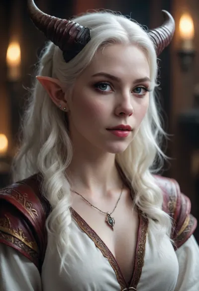tiefling female, (pale white skin), bard, white hair