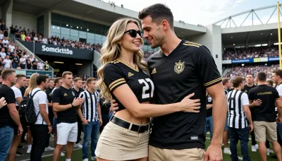 Photorealistic photo of a happy couple meeting at a packed football stadium entrance before the match. Attractive woman with long wavy blonde hair, sunglasses, black and gold football jersey, beige mini skirt and black belt. Handsome man with short dark hair, light beard, black football jersey with club crest and beige shorts. They smile and hug each other, his arm around her waist. Background, large modern stadium, crowd of fans wearing black and white striped jerseys, bright daylight, realistic skin texture, natural lighting, high detail, 8k.