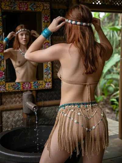 Photorealistic ultra-detailed candid documentary photograph, fictional redhead woman, 25 years old, seen from a close over-the-shoulder viewpoint inside a dim tropical hippie hut, the real woman is turned mostly away from the viewer so her face is not directly visible in reality, her face is seen primarily in the mirror, she is barefoot, very slender, athletic and slightly androgynous, white skin, low body fat, lean natural muscle definition in shoulders, arms, back, abdomen and legs, medium natural chest, topless, detailed depicted long nipples, long straight redhead with sun-bleached uneven texture, darker roots, frizz, loose fibers and flyaway strands, both arms raised while she carefully adjusts a narrow colorful forehead band embroidered with turquoise beads, shells and tiny pearls, minimal earth-toned bandeau top, an extremely short handmade bohemian fringe skirt consisting only of a narrow woven waistband from which hundreds of individual soft textile fringes hang freely, every fringe decorated irregularly with tiny turquoise beads, seed beads, pearls and miniature shells, overlapping strands separating naturally with movement and creating playful glimpses of a minimal skin-toned fitted underlayer beneath, emphasizing the athletic rounded silhouette while remaining tastefully covered, layered turquoise bracelets, shell necklace, subtle tattoo on the upper back shoulder area, rich interior built from aged bamboo, dark weathered wood and woven natural materials, small handmade mirror with a colorful floral frame hanging on the wall, bamboo water spout pouring into a rough dark basin below, visible droplets, splashes and wet surfaces, open doorway revealing humid jungle greenery outside, low-key available light only, no professional studio lighting, uneven natural light, deep shadow pockets, partial underexposure, localized highlights on skin, jewelry and damp wood, realistic pores, faint sweat sheen, natural imperfections, strong tactile detail in hair, fabric, beads, shells, bamboo and water, intimate private moment, unposed, off-center composition, 35 mm documentary photography look, shallow depth of field, subtle film grain, dark moody atmosphere, no glamour, no beauty retouching, and the mirror reflection must be maximally identical to the real woman, with exactly matching arm position, hand placement, head tilt, shoulder angle, posture, expression, mouth shape, eye direction and timing of the gesture, the reflection must read as a true optical reflection of the same exact moment, not a variation or reinterpretation.
