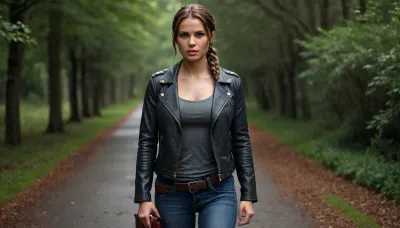 Lara Croft, wearing dark blue jeans, a dark gray T-shirt, and an unbuttoned leather jacket on top, beautiful lipstick on her lips, her hair in a braid and chestnut-colored hair flowers, brown eyes, wearing sneakers, and carrying a handbag on her hand