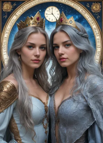 (masterpiece, best quality, ultra-detailed), (photorealistic:1.2), ornate, complex, intricate, highly detailed, symmetrical, (fantasy art:1.1), art nouveau, neo-traditional, digital painting, full shot, portrait, (beautiful mystical queen:1.3), with long flowing, (((blue-grey hair))), (ornate golden crown:1.1), elegant armor, holding a staff, surrounded by mystical creatures, (fish, bird, eel, serpent), water elements, flowing energy, (cosmic clock background:1.2), (golden runes:1.1), glowing eyes, looking at viewer., (deep oceanic blues:1.3), (rich dark golds:1.2), hints of teal and bronze, luminous highlights, volumetric lighting, rim lighting, soft glow, mysterious atmosphere, magical, ethereal, dark background.