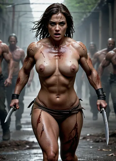 Sewer pipe, half-naked, busty, mature warrior, curvy, lust, bloody scrapes, skin marked by battle scars, sword in hand, torn clothing, dark atmosphere, pursued by ravenous zombies, on the run, running for her life, full-body view, in top shape, muscular, athletic, Selene, <lora:Female_muscle:1.7>, <lora:uberfit_lora_sdxl:1.5>, <lora:Selene_3-000015:1.9>