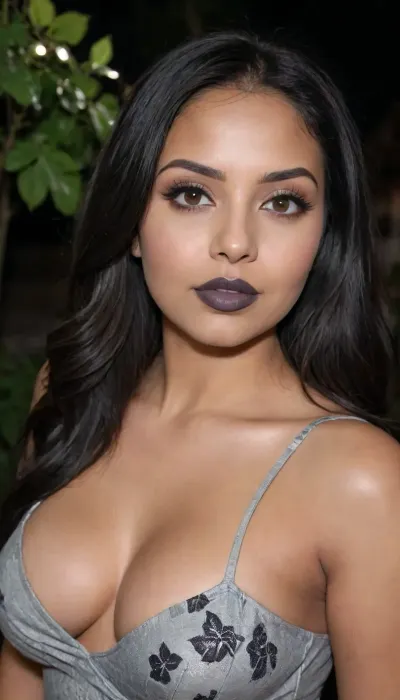 full-portrait detailed foto of a 28 years-old latin girl, (((curvy))), ((latina dark skin)), full tick lips, round lips, round face, (((black straight hairs))), (((grey lipstick))), cute small nose, roundy face, tanned, with a perfect face, detailed face, beautifoul face, cute, (((big eyes))), ((flat-ironed hair)), (leafs wrap dress), led lights at night, <lora:dggy:2>