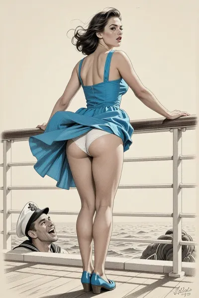 This is is a detailed monochromatic pencil drawing in a classical illustrative style depicts a scene set in 1950s, bright, colorful colors, bright sunshine, a very beautiful noble MILF in blue summer sundress And shoes stands on the deck of the ship, leaning her hands on the rail, the wind blows her hair and the hem of the sundress, her white panties are visible, (in the lower left part of the picture, you can see the head of a sailor, who is laughing and looking up her skirt), rear view, The overall mood is intense, rendered in fine, expressive line work and subtle shading, evoking the style of 1950s satirical or moralistic illustrations.