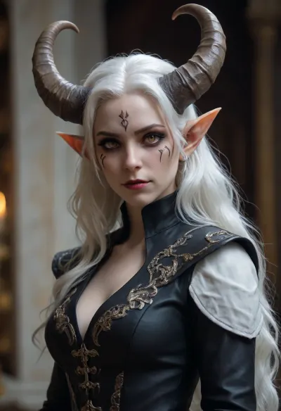 tiefling female, (marble skin), bard, white hair, full body view, dark bard clothing, alabaster skin, sayatnova, <lora:The_Color_Of_Pomegranates:2>, <lora:pale_demon:2>