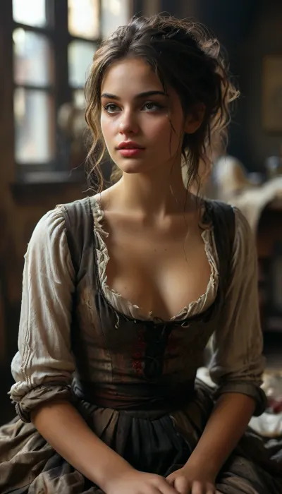 Dramatic style. Low camera. Dark fantasy artwork. Innocent face. Cute face. Charismatic. Unique face. Stacked body. Kneeling. Seductive desire. Blushing. Flushed. Proud. Determined. Girl next door. Tattered clothes. Panting. Oiled up tits. Messy hair. Messy bun. Loose ponytail. Tits stretching out her outfit, tailor, <lora:MJ52:.8>, <lora:bynightPortraits-XL:.8>, <lora:RPGTailorXL:.8>, She’s sat down, looking up at a suitor standing before he, who flinches from her direct gaze