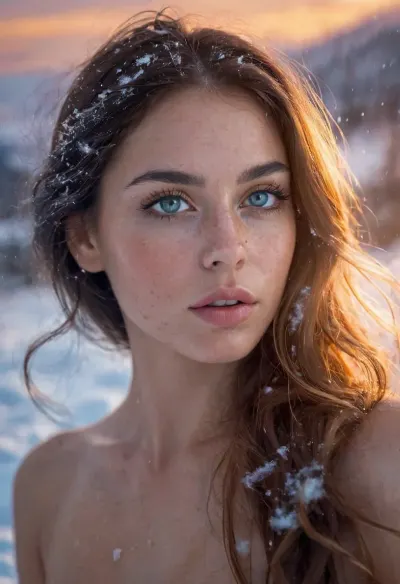 a coquettish woman with a very long hair, topless, chaotic snow, scribbled lines, surrender, polychromatic, anthropomorphic, humanoid, diffuse subsurface scattering, tight tiny breasts, realistic highly detailed large beautiful crystal eyes with light glowing {brown, blue, green} iris, heartshaped lips, freckles, lip gloss, aroused skin, olive skin, dramatic sunrise, ground-fog, fog, (blackened darkness mood), (worm´s-eye view), #KITTYART
