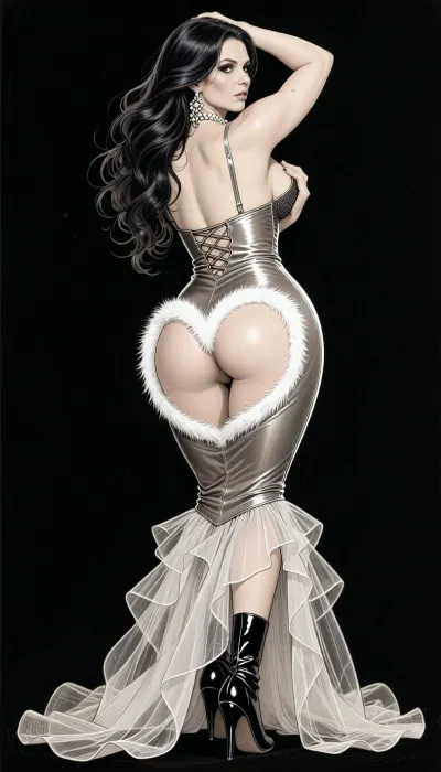(Line art:2), (monochrome sepia ink drawing, no other color:2), (black and white:2), black background., full-body back-view drawing of a breathtakingly voluptuous massively curvy 48yo woman with an extreme hourglass figure, She has flawless skin, long, cascading dark waves black hair in thick, sensual waves, and a smoldering, seductive gaze directed at viewer. She is wearing an incredibly tight, form-fitting, strappy mermaid gown with a big heart-shaped butt cutout with a white fur lining, revealing her gluteal cleft and her magnificent full booty. She wears no panties. The gown features is backfree, and has a very strappy and revealing corseted bodice that violently cinches her impossibly small waist. The satin fabric clings like a second skin over her wide hips and thick thighs, outlining every single curve of her lower body in explicit detail. From the knees down, the dress explodes into a voluminous, multi-layered skirt of organza and tulle that pools elegantly on the ground. Black pointy high heel ankle boots. One of her toned arms is raised behind her head, pushing her tits out even further, while her other hand delicately toys with the dress strap on her shoulder. She is wearing an elaborate pearl necklace. face drawn with exquisite attention to detail, stylized sepia ink drawing, pen and ink technique, with cross-hatching and line work. Drawn using line drawing and cross-hatching techniques to create volume, depth, and shadows. Visible individual pen strokes. Precise pen shading, ink drawing.