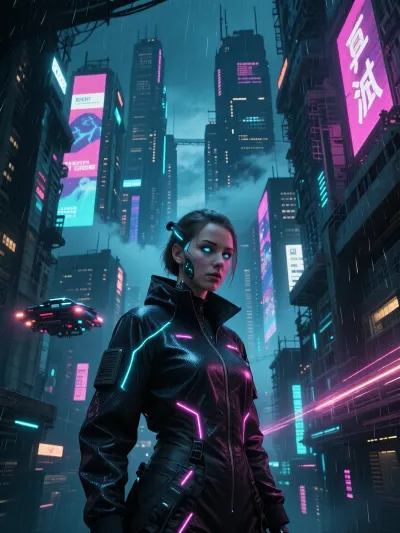 A masterpiece, top-notch quality, ultra-detailed rendering, cinematic lighting, sharp focus, Night City, cyberpunk, a beautiful young woman standing on a city street at night, with a serious and calm expression on her face, her chestnut hair pulled back into a small bun, her bright blue cybernetic eyes shining, a thin, glowing blue line from a neural implant on the side of her head near her ear, she’s wearing a black cyberpunk tactical jacket with a zipper, glowing neon stripes—blue and purple—fog hovers between the buildings, looming, gloomy megastructures, holographic billboards, and neon signs in shades of pink, blue, and purple, a dark, cinematic atmosphere with high contrast