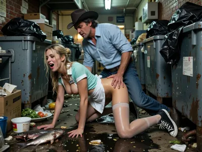 Photorealistic cinematic documentary photograph, gritty photorealistic realism, side view of fucking sweaty waitress with an old Cowboy in focused foreground, 28 years old, Doggystyle anal sex, she is on all fours, between Amidst rotting fish, food scraps, and trash, naked, legs spread, man is holding her ass, Doggystyle sex, cum inside her asshole., (Asshole creampie:1.4), she looks joyful and moaning in intense pleasure, woman screams in pleasure, Woman with long dirty sweaty blonde hair, detailed bouncing tits, long perky nipples, wearing a classic fitted diner uniform, a short-sleeved pastel blouse or tailored waitress dress with contrasting white trim, a neatly tied white waist apron, a small name tag pinned to the chest, Converse Chucks, sheer nude tights or bare legs depending on the setting, hair styled in a tidy ponytail, bun or soft retro waves, light natural makeup, polished but hardworking appearance, clean and approachable, Cowboy, 50 years old, with long dark hair and light beard, in typical cowboy attire, featuring a cowboy hat, cowboy shirt, jeans, and cowboy boots, standing behind her or facing her while penetrating her. Passionate expressions, sweat, realistic anatomy, fluorescent lighting, raw and dirty atmosphere, highly detailed skin and fabric textures, 8k, a narrow filthy service alley directly behind a busy urban restaurant, claustrophobic and neglected atmosphere, rows of large commercial garbage bins packed tightly against stained brick walls, several bins overflowing with torn black trash bags, greasy cardboard boxes, disposable food containers, crushed cans and soaked paper, lids unable to close because of the amount of waste, rotten vegetables, wilted lettuce, fish scraps, bones, spoiled meat packaging and discarded restaurant leftovers scattered across the wet pavement, greasy puddles mixed with dirty rainwater, leaking garbage bags leaving dark sticky trails across cracked concrete, flies gathering around decomposing food, damp stains and mold along the lower walls, rusted drainpipes, grimy ventilation ducts, old pipes and electrical cables running across the brickwork, a heavy restaurant exhaust vent above releasing faint greasy vapor into the alley, dirty yellow security light mixed with weak cold ambient night light, deep shadows between the dumpsters, humid stagnant air, subtle haze emphasizing the oppressive atmosphere, scratched metal surfaces, peeling paint, grease, grime, realistic moisture and highly detailed urban decay, behind the line of overflowing dumpsters a couple is partially concealed in the narrow space between the bins and the wall, close together and mostly hidden from anyone passing the entrance of the alley, their bodies visible in foreground through gaps between the containers, 35 mm prime lens, shallow depth of field, realistic skin and fabric textures, subtle analog film grain, dramatic underexposure, deep blacks, strong micro-contrast