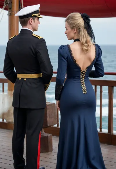 Sexy female nude British admiral in formal naval uniform in 1880 without briefs and trousers, showing nude pussy, on the deck of a sailing ship, A formal British naval uniform for an admiral in 1880 typically featured a dark blue double-breasted tailcoat with gold epaulettes on the shoulders, signifying rank. The coat had gold braiding and decorative buttons, with a high collar and a standing, military-style neck. For a woman, the uniform would retain these elements, adapted for a more feminine form. The coat would be tailored to fit the waist and flared at the hips, while a fitted, high-neck blouse would be worn beneath. She would wear gold-trimmed boots and a wide-brimmed naval hat adorned with a gold band. The woman is an obese blonde, 60+ yo, messy hair, wide brimmed floppy hat with a dark lace face veil. Pearl necklace, long black gloves. She wear a matronly long satin black dress with black lace sleeves, the dress is lifted at the back to completely expose her ass. Black stockings, black high heels, Wide ass. Unseen by the priest The young man has his hand on her wide ass and is squeezing her bum cheeks.

Graveyard, Rear view of a widow and young man side by side by a graveside. Ass view. The priest stands on the other side of the long open grave facing the camera, wearing his robes and vestments, with his bible open talking to the couple. Earth piled up by the grave covered in a green cloth. The mahogany coffin top just visible.
The couple are side by side looking away from the camera towards the priest in the background.

The man is sandy tousle haired of about 20 yo. Wearing a dark suit, he stands close next to the widow and squeezes her bare bum cheeks beneath her lifted dress back.
The widow has her hand squeezing the young mans penis through his trousers.