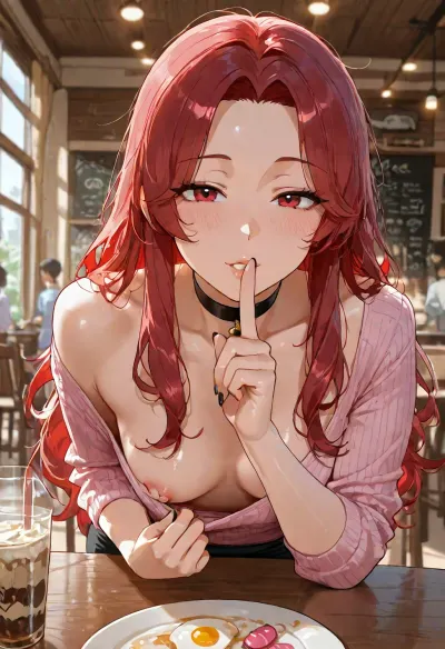 pink red hair, messy hair, fair skin, red eyes, flat chest, breasts, black choker, long hair, black nails, mature female, pov across table, leaning forward, pulling own clothes, shirt pull, no bra, vibrator on nipple, egg vibrator, nipple slip, p, shushing, public, cafe, public vibrator, egg vibrator taped to nipple, motion lines, <lora:add-detail-xl:1.2>, <lora:attractive_notrigger:1.2>, <lora:detailed_notrigger:1.2>, <lora:LCMTurboMix_Euler_A_fix:1.2>