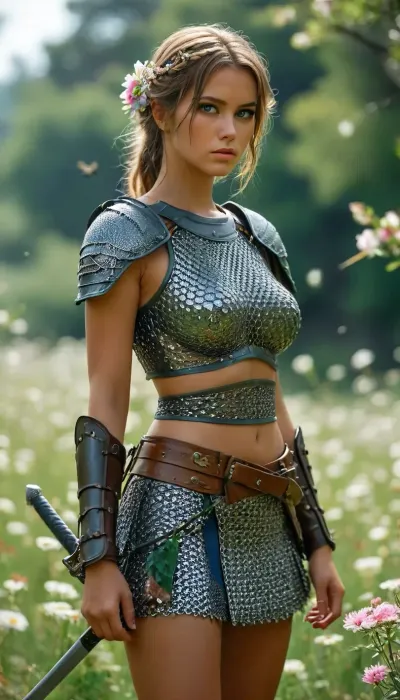 A woman in chain mail, combat armor, miniskirt, slender, tanned, gorgeous, slim waist, large breasts, cute body, navel, shoulders, flowers and birds, rounded samurai girl, green, eyes, blue, brown, perfecteyes, <lora:Portrait_perfection:.8>, <lora:PerfectEyesXL:.8>, <lora:MJ52:.8>