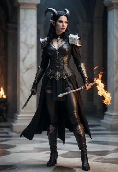 tiefling female, (marble skin), bard, white black hair, full body view, dark clothing, alabaster skin, sayatnova, <lora:The_Color_Of_Pomegranates:2>