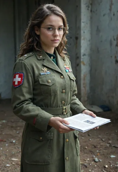 Full body cinematic portrait of a 38-year-old Czech woman, short stature 161 cm, athletic toned figure with hourglass proportions, (83-68-93 cm), medium brown wavy hair tied back in a practical low bun, wearing round silver-rimmed glasses, small natural breasts, (one slightly asymmetrical, one medium one smaller, realistic anatomy), dressed in a worn olive-green Cadian Imperial Guard medic uniform with white-red medical insignia on the shoulder, heavy combat webbing with medical pouches, a red cross on the chest plate, a compact medicae kit slung across the back, holding a diagnostic scanner in one hand and a laspistol in the other, standing in a muddy trench with sandbags and smoke in the background, grimdark sci-fi war atmosphere, dusty battlefield lighting, photorealistic, highly detailed skin texture, pores, subtle wrinkles and natural face features, 85mm lens, shallow depth of field, military documentary style, 8k, sharp focus on face and uniform details, lasgun, <lora:lasgunXLLoRAv1:.8>