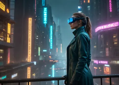 masterpiece, top quality, (raw photo:1.2), breathtaking cyberpunk epic wide-angle establishing shot, an immense hyper-detailed dystopian metropolis at midnight. Towering vertical city canyon with infinite depth and scale. Colossal megastructures pierce dense glowing neon smog, endless layers of stacked architectural cyberpunk slums. Streams of futuristic flying vehicles and advanced hover-cars zip between skyscrapers, leaving long light trails through the rain. In the foreground, a lone cybernetic woman in a dark wet trench coat is standing in profile on a high-altitude rusted metal balcony. She is wearing sleek hyper-detailed cyber-goggles with a faint neon blue digital UI HUD glowing on the lenses. Volumetric atmospheric haze, heavy rain, soft ambient reflections of teal and amber neon, shot on 24mm lens, cinematic storytelling, 8k resolution