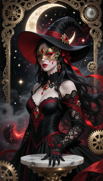 surreal digital painting in the style of Alphonse Mucha + dark fantasy, a black and red masked woman as a mystical goddess, ornate baroque frame around her, wearing an elaborate black lace gown with crimson embroidery, large theatrical hat shaped like a crescent moon adorned with red gems, her mask is a golden filigree with ruby tears, long flowing raven hair interwoven with red silk ribbons, pale porcelain skin, high cheekbones, luscious red lips slightly parted, she stands on a floating marble pedestal surrounded by swirling black and red nebula, glowing stars and ethereal fog, mechanical clockwork gears floating in the background, intricate decorative patterns all around, rich textures, glowing effects, soft pastel and deep crimson harmony, ethereal, magical, extremely detailed, painterly brush strokes, 8k, golden ratio composition.