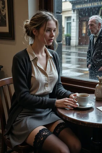 a very busty young female sitting alone at a small table inside a café. She has slightly tousled blonde hair loosely pinned up, a few strands falling around her face. She wears an old worn soft cream blouse beneath a worn dark cardigan, understated and quietly elegant, a grey skirt and lace top stockings.

She sits beside a rain-speckled window, One hand rests around a small porcelain cup of coffee.

Outside the window, a narrow side street glistens after light rain. An old man stares through the window at her