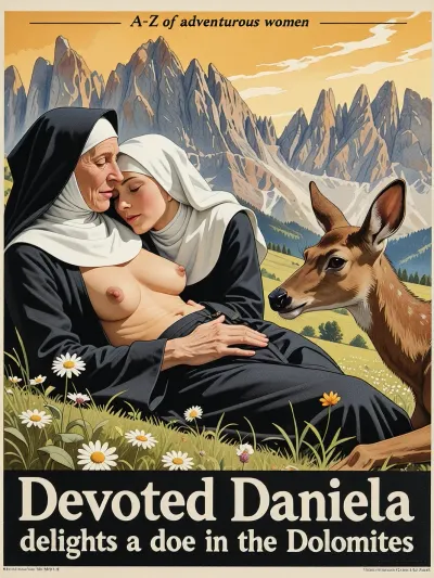 An old nun and a very yyoung nun, embracing, pussy exposed, nuns habit, reclining, her hand extended. A small doe is approaching cautiously, ears perked, nose reaching toward her open palm. Wildflowers. golden sunset, A grassy meadow high in the Dolomites, jagged mountain peaks rising sharply behind her.

In the style of a 1930s travel poster, water colour illustration, strong line work.

Very small text across the top “A-Z of adventurous women”
Text across the bottom “Devoted Daniela delights a doe in the Dolomites”