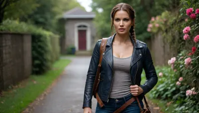 Lara Croft, wearing dark blue jeans, a dark gray T-shirt, and an unbuttoned leather jacket on top, beautiful lipstick on her lips, her hair in a braid and chestnut-colored hair flowers, brown eyes, wearing sneakers, and carrying a handbag on her hand