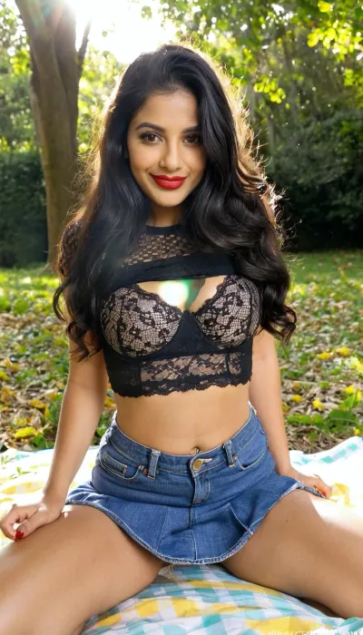 A beautiful South Asian woman with long wavy black hair and bright red lipstick sitting outdoors on a checkered picnic blanket under trees on a sunny day. She is wearing a black lace crop top and a high-waisted light blue denim mini skirt. She is looking at the camera with a big happy smile, natural sunlight filtering through the leaves, warm golden hour lighting, realistic photography style.