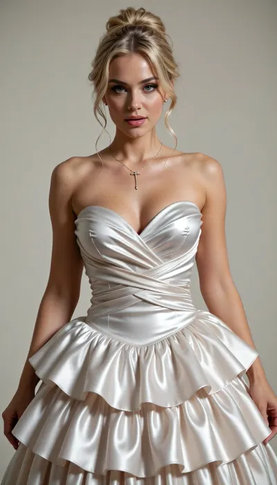 masterpiece best quality, 27yo adult female blonde hair in a soft voluminous updo with loose tendrils, heart-shaped face sharp jawline high cheekbones confident knowing smirk glossy lips smoky sultry eyes, very curvy hourglass body full bust narrow waist wide hips, strapless hi-sheen liquid satin bodice with a draped sweetheart bust and a tightly ruched criss-cross waist, full voluminous multi-tier ruffled hi-sheen satin ballgown skirt with glossy cascading folds, delicate thin cross pendant necklace, glossy reflective satin sheen wet-look highlights, clean studio backdrop, soft diffused fashion lighting with a sharp specular highlight on the satin, full-length fashion editorial, 8k hyper-realistic shallow depth of field 50mm lens