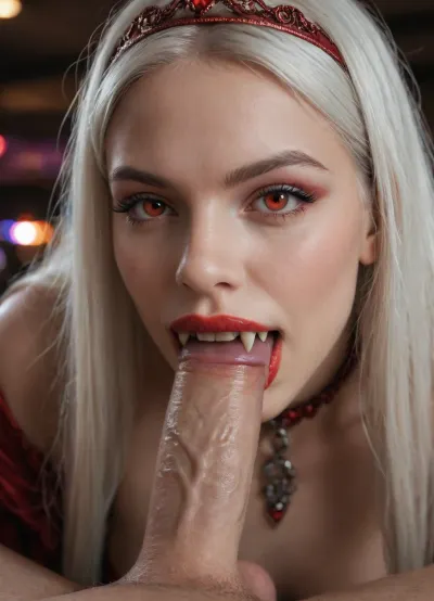 hyper detailed hyper realistic natural petite cutie, 18 years old beautiful vampire queen, (very slim), nightclub, very detailed face, pale woman with white hair, Vampire Queen sucks penis, close up, red eyes, (((very long vampiric fangs))), sharp long redstained canines, luxurious tiara in the style of dark fantasy, symmetrical epic fantasy art, dark fantasy, purple lights, neon, colorful, high detail, impeccable image quality, ultrarealism, cockbiting, bitingshaft, vampirebiting, 1girl, penis, hetero, 1boy, fellatio, oral, solo, focus, pov, fangs