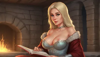 (one woman, Betrid from Skyrim, 50 year old, scandinavian, blonde medium hair, medium breasts, serious face expression, eyes looking down), (inside medieval stone house, silver stone walls), (wearing brown fur shawl and noble ornamental green dress topless pulled down exposing breasts), (sitting, holding a book high up in front of her breasts above chest, covering breasts with open book, nipples hidden behind book held up), close-up side view from below, (artwork, digital painting, fantasy art, loading screen art style), <lora:LegendDarkFantasy-000001:.5>, <lora:SumTim:.1>, <lora:SDXLSamDoesArts:.3>