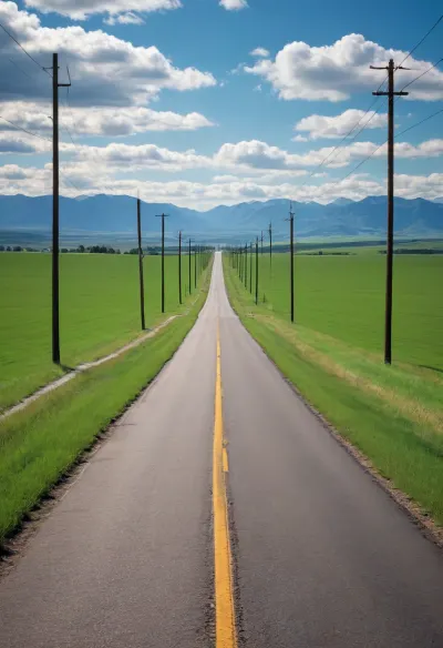 (in Michael Whelan art style), straight narrow old asphalt road stretches away into the distance, along the road are bright green fields and poles with wires on the right, a bright blue sky with white clouds, low mountains on the horizon far away, (saturated bright colors, high definition image, high contrast colors)