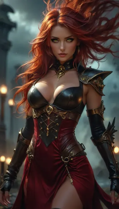 30 year old woman, ((Portrait)), a hyper realistic ultra detailed photograph of a beautiful steampunk woman 30 years old, fantasy steampunk woodland at night, dark and stormy, red hair, red steampunk satin seductress dress, long wild hair, ((strong wind, storm)), perfect mature face, perfect nose, full lips, strictly pose, detailed symmetric beautiful red eyes, detailed gorgeous face, steampunk environment, exquisite detail, medium height, front view, ((c cup breasts)), close up view, 111cine8matic55, masterpiece, 32k, (Masterpiece), high quality, Volumetric Lighting, backlight, sexy, punk style, vaporwave, neon, vibes, vibrant, stunningly beautiful, crisp, hyper realistic, sleek, red highlights, red shadows, shadowislexl, armored, glowing, ghostly, <lora:attractive_notrigger:1.5>, <lora:BUT_SDXL_SHS:1.9>, <lora:Vivid Midjourney mimic - XL SDXL v2.0:1.5>, <lora:add-detail-xl:2>, <lora:shadowislesXL-000007:1.3>