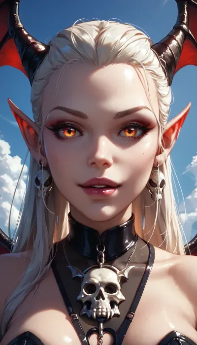 close-up macro, 0arm demonessa, skull shaped cleavage, (Amputee:1.5), batwings, sharp mountain scenery