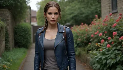Lara Croft, wearing dark blue jeans, a dark gray T-shirt, and an unbuttoned leather jacket on top, beautiful lipstick on her lips, her hair in a braid and chestnut-colored hair flowers, brown eyes, wearing sneakers, and carrying a handbag on her hand