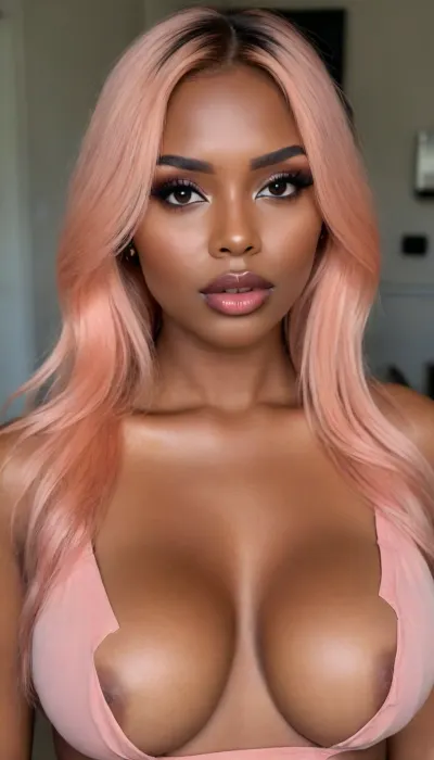 (1woman), 28 years old, ((curvy body)), Close-up girl, latin woman, curvy, ((dark skin)), ((round face)), (((brown skin))), (((full lips))), grey lipstick, closed mouth, small cute nose, standing, face, (((round medium breasts))), (((flat long peach hair))), (((oiled skin))), (detailed black eyes), (((slut makeup))), long big thick, (high resolution image), (perfect face), sexy, beauty, (ultra realistic:1.7), (maximum quality:1.5), (high resolution:1.7), (extreme detail:1.5), (ultra realism:1.6), 8k, he, photo was taken by Canon Eos, (maximum detailed skin:1.6), (((I was offended))), melanin, <lora:BUT_SDXL_SHS:.8>, <lora:melanin-XL:2>