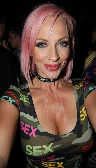 MILF, mature, wrinkly skin, skin moles, freckles, slutty makeup, seductive smirk, black background, short thick pink hair, with cum on hair, (dirty wet sticky messy hair), eye contact, looking at viewer, sexy puffy lips, big eyes, light grey eyes, deep sharp face features, slut, whore, bimbo, focus on face, (face close up view), dark tanned, snub-nosed, pug nose, wet sweaty glossy skin, flushed, facial, cum on lips, cum string, cum on face, cum covered, cum on nose, cum on forehead, kiss me face, reaching to the viewer, taking selfie, excited sly playful looking, sloppy, wet sticky face, cuckold, wife, dim light, frontal face view, femdom, dominant look, mistress, standing straight, arms reached down, curvy, seduction, flirting, getting closer, hugging close, (black chocker with caption "CUMSLUT"), (fitted camouflage t-shirt with multiple overlayed multicolour captions "SEX" pattern), cleavage, deep neckline, wicked sticky cum smile, (smeared smudged running ruined make-up), bright red lipstick, dark tanned skin, seductive sexy pose, kiss me lips, having fun, public, dancing crowd, other people dancing, party, clubbing, night club, swallen face, flushed eyes, red capillaries in eyes
