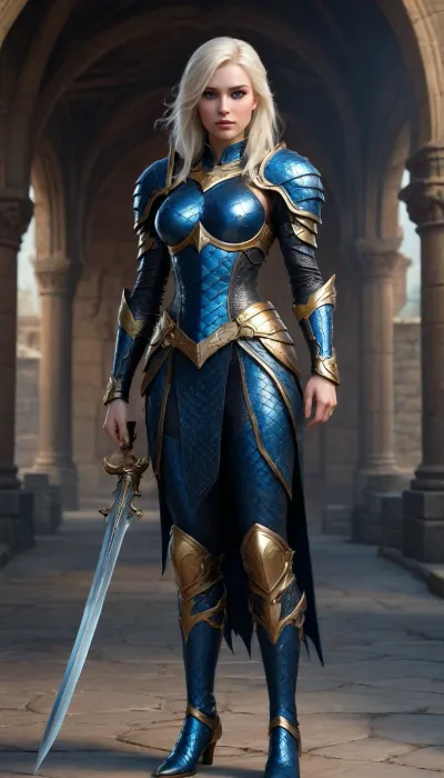 woman, Attractive female with long platinum blond hair. Full body photo, long beautiful legs, Smolder. Alluring-expression. Wearing armor of black dragon scales with gold trim and gold inlays. Black Dragon Scale Armor, (not blue), . No helmet., castle interior background. digital painting, digital illustration, extreme detail, digital art, 32k, ultra hd, beautiful d&d character portrait, dark fantasy, detailed, realistic face, digital portrait, intricate armor, fiverr dnd character, wlop, stanley artgerm lau, ilya kuvshinov, artstation, octane render, hyperrealism, dynamic lighting, unreal engine, clean lines, deviantart, bright, blue, eyes, <lora:bright_blue_eyes:.8>