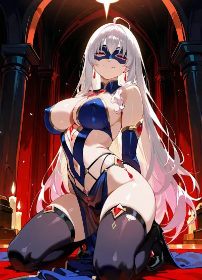 score_9, score_8_up, score_7_up, masterpiece, best quality, absurdres, intricate details, 1girl, 24_y.o., mysterious_mask, half_mask, eye_mask, white_mask_with_cracks, glowing_red_eye_visible, long_platinum_hair, messy_hair, large_breasts, erect_nipples, torn_priestess_robe, revealing_clothes, translucent_fabric, bare_shoulders, kneeling, arched_back, looking_over_shoulder, looking_at_viewer, half-closed_eyes, smirk, dark_forgotten_temple, ancient_stone_altar, black_candles, floating_magical_symbols, moonbeam, dramatic_lighting, chiaroscuro, shadows, dark_sacred_atmosphere, depth_of_field, very_aesthetic, solo, cel_shading, detailed_hentai_style, luminous_skin, defined_lineart