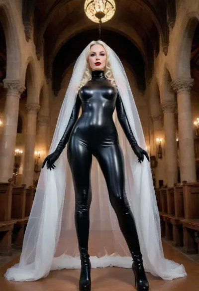 Inside old gothic church, candle lit lighting, viewpoint from below, breather Gas mask bdsm, (((black tight latex catsuit))), big hips, small breasts, crotchless, large labia, hairy, puffy pussy, ((White bride veil)), whip holding in hand, perky breasts, puffy nipples, cutout, clothing, puffy, nipples, dark, wide, <lora:Saggo_XL:1.3>, <lora:2BoutOvalSDXL2-000002:1.2>, <lora:Nipples XL:1.2>
