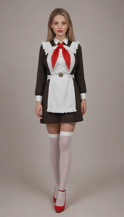 Woman 25 years old, tall, slim figure, big breasts, pretty face, blonde, long square, red lips, blue eyes, Soviet school uniform, dark brown dress, white apron maid, pioneer tie, white stockings, red high-heeled shoes, school class, super realism, high quality picture, high definition detail, suxl, pionyrs, shirt, neckerchief, skirt, sash, badge, <lora:suxl:2>, <lora:Classroom_SDXL_r1:1.3>, <lora:pionyrka:.4>
