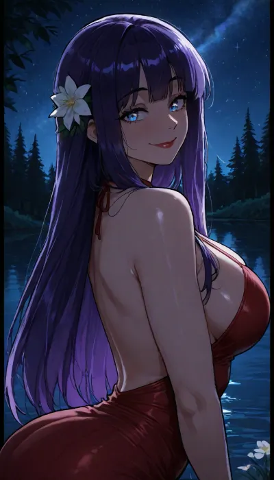 ((markgavatino style)), Melkor mancin style, solo, (cold colors:1.8), bright twilight, summer night, light illuminates behind girl's hair, Temperate forest, big lake, (white flower in hair), mature, purple hair, (sparkling eyes:1.2), (glowing eyes:1.1), slim body, tall, dark-blue eyes, gentle eyes, (red lipstick:.9), (long eyelashes:.7), straight bangs, beautiful night sky, countless bright stars, milky way, in lake, red dress with skirt, sideview accentuate curves arched back, smile, looking at viewer, cute pose