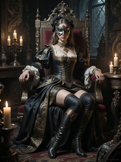 Enigmatic young woman wearing an elegant Venetian masquerade mask, sitting alone on an old royal throne in a dark candlelit chamber, mysterious atmosphere, rich historical clothing. Ancient Russian Renaissance-style oil painting, 19th-century Russian academic art, dramatic chiaroscuro, dark muted colors, romantic and mysterious mood, wide hips, (victorian corset, thigh high boots)