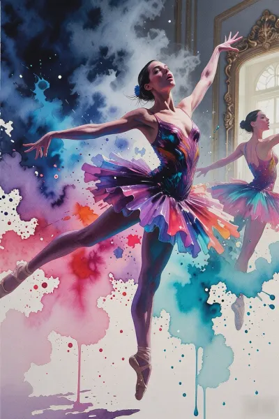 A striking masterpiece of watercolour painting, executed on a very large canvas, depicting two ballerinas frozen in dance poses. Their arms are outstretched to the sides, with five fingers clearly defined on each hand. Both ballerinas’ figures form artistic silhouettes, built up from bright, translucent layers of watercolour, energetic brushstrokes and smooth colour transitions. The facial features of the ballerina in the foreground are rendered exclusively through vivid bursts of colour and colour transitions, capturing an intense, frozen, passionate emotion through her meticulously rendered, expressive eyes. The composition unfolds in a fairy-tale watercolour ballet studio with a huge, mist-shrouded mirror in the background, in which her colourful, soaring silhouette is reflected. A rich palette of deep ultramarine, saturated purple, fiery magenta and neon turquoise flows seamlessly throughout the composition. Pure, expressive, fluid art on textured paper.