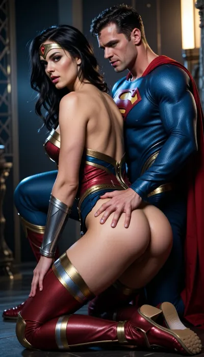 Superman fucking wonderwoman doogystyle, side view, wonderwoman on her knees arched back, seductive, erotic, fantasy background, Both fully clothed, lora, attractive_notrigger, .7>, <lora:attractive_notrigger:2>, <lora:BUT_SDXL_SHS:1.9>, <lora:Vivid Midjourney mimic - XL SDXL v2.0:.3>, <lora:add-detail-xl:1.9>, <lora:JustCum:1.2>