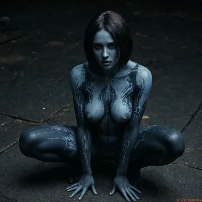 (Cortana:2), (blue skin:2), Melancholic naked woman squatting, skinny muscular body, pointy shoes, black pantyhose, ruined makeup, long hair, (big natural tits with large areolae), exhausted, wet, night storm, in the middle of a narrow street, raised hands, high angle, <lora:dark:.1>, Cortana, <lora:cortana_xl_v4:2>