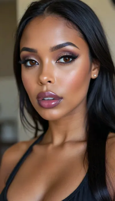 (1woman), 28 years old, ((curvy body)), Close-up girl, closed mouth latin woman, curvy, ((dark skin)), ((round face)), (((brown skin))), (((full lips))), lavanda lipstick, closed mouth, lipgloss, small cute nose, standing, face, (((round medium breasts))), (((straight long black hair))), (((oiled skin))), (detailed black eyes), (((slut makeup))), long big thick, (high resolution image), (perfect face), sexy, beauty, (ultra realistic:1.7), (maximum quality:1.5), (high resolution:1.7), (extreme detail:1.5), (ultra realism:1.6), 8k, he, photo was taken by Canon Eos, (maximum detailed skin:1.6), (((I was offended))), melanin, <lora:BUT_SDXL_SHS:.8>, <lora:melanin-XL:2>