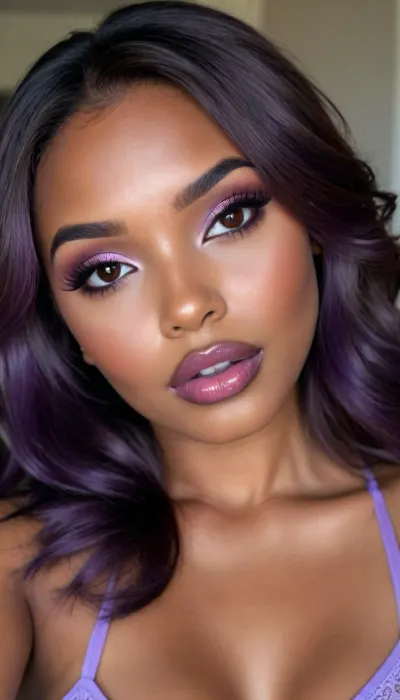 (1woman), 28 years old, ((curvy body)), Close-up girl, latin woman, curvy, ((dark skin)), ((round face)), (((brown skin))), (((full lips))), lavanda lipstick, closed mouth, lipgloss, small cute nose, standing, face, (((round medium breasts))), (((straight long lavanda hair))), (((oiled skin))), (detailed black eyes), (((slut makeup))), long big thick, (high resolution image), (perfect face), sexy, beauty, (ultra realistic:1.7), (maximum quality:1.5), (high resolution:1.7), (extreme detail:1.5), (ultra realism:1.6), 8k, he, photo was taken by Canon Eos, (maximum detailed skin:1.6), (((I was offended))), melanin, <lora:BUT_SDXL_SHS:.8>, <lora:melanin-XL:2>