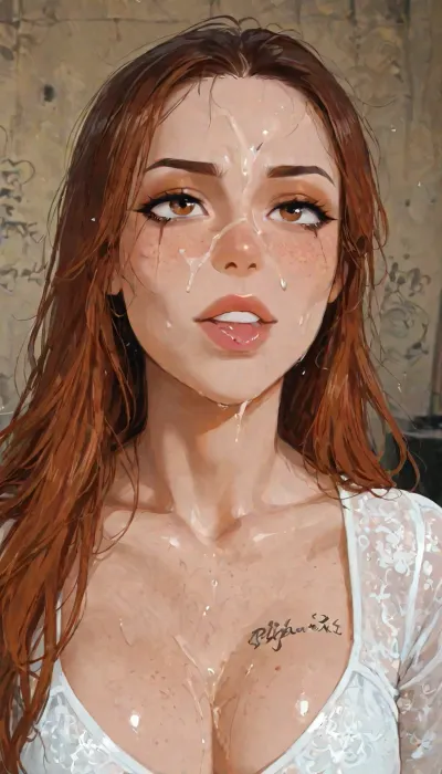 Beautiful extremely 18 year old girl. Black and ginger hair. Long messy hair. Tattoos, Petite. Top model face, freckles, brown watering eyes. Heavy eyeliner. Heavy orange eyeshadow. BREAK
Dark mascara trails down her cheeks, smeared makeup, crying. Fully clothed in skintight, white long sleeved party dress with a high neckline, shiny seamless pantyhose, platform heels. Cum drips down her body. Her face is smothered with an excessive amount of thick, viscous cum, cum on face, Cum on her forehead, her cheeks and in her hair, cum in hair, Deepthroat, a man's hand grasps the girl's head, she has 3/4 of his enormous thick cock in her mouth, . Dark basement of a derelict building, graffiti, crumbling concrete walls, exposed rebar, rusty pipes. Barely illuminated, flickering fluorescent lights. Look, at, my, prompts. Flat, chested. carrie3mb, Carrie Emberlyn, <lora:Carrie3mb:2>, perfect anatomy, best quality, 8k, insane details, intricate details, hyperdetailed, hyper quality, ultra detailed, professional, HDR, ray tracing reflection, cinematic lighting, highlydetailedbody, realisticface, highlydetailedhair, perfectfingers, insanelydetailed, 8K.highdetailedskin, highresolution, (j_cartoon:1.5), Drawing, small erect-futa, erect-penis, femboy, testicles, erection, <lora:SDXLlora13ErFut:.8>, <lora:samdoesarts1.1-000030:.4>, <lora:J_cartoon:.3>, <lora:Animated_Concept:.4>