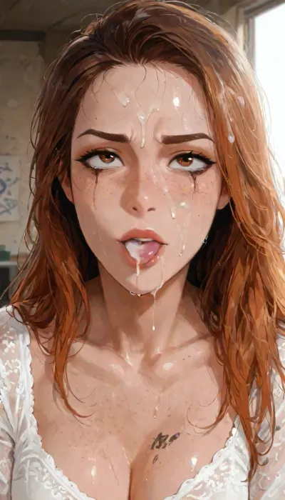 Beautiful extremely 18 year old girl. Black and ginger hair. Long messy hair. Tattoos, Petite. Top model face, freckles, brown watering eyes. Heavy eyeliner. Heavy orange eyeshadow. BREAK
Dark mascara trails down her cheeks, smeared makeup, crying. Fully clothed in skintight, white long sleeved party dress with a high neckline, shiny seamless pantyhose, platform heels. Cum drips down her body. Her face is smothered with an excessive amount of thick, viscous cum, cum on face, Cum on her forehead, her cheeks and in her hair, cum in hair, Deepthroat, a man's hand grasps the girl's head, she has 3/4 of his enormous thick cock in her mouth, . Dark basement of a derelict building, graffiti, crumbling concrete walls, exposed rebar, rusty pipes. Barely illuminated, flickering fluorescent lights. Look, at, my, prompts. Flat, chested. carrie3mb, Carrie Emberlyn, <lora:Carrie3mb:2>, perfect anatomy, best quality, 8k, insane details, intricate details, hyperdetailed, hyper quality, ultra detailed, professional, HDR, ray tracing reflection, cinematic lighting, highlydetailedbody, realisticface, highlydetailedhair, perfectfingers, insanelydetailed, 8K.highdetailedskin, highresolution, (j_cartoon:1.5), Drawing, small erect-futa, erect-penis, femboy, testicles, erection, <lora:SDXLlora13ErFut:.8>, <lora:samdoesarts1.1-000030:.4>, <lora:J_cartoon:.3>, <lora:Animated_Concept:.4>