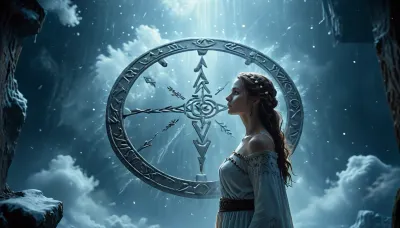 (Dark Fantasy Artwork), artistic, low angle, side view, 40 yo, belle caucasian female, ancient circular runic emblem, glowing white runes, inscribed on a mystical dark celestial background, floating in a cosmic void, surrounded by swirling ethereal nebula clouds and light dust particles, soft volumetric lighting, mysterious atmosphere, germanic mythology aesthetic, intricate runic carvings, glowing white light, dark mood, deep shadows, high contrast, ethereal, mystery, mystical fog, natural beauty, /KlTTY-ART/, <lora:COMFYUI_mimic_landscape_-_XL_SDXL v2.0:.1>, <lora:MJ52:.1>