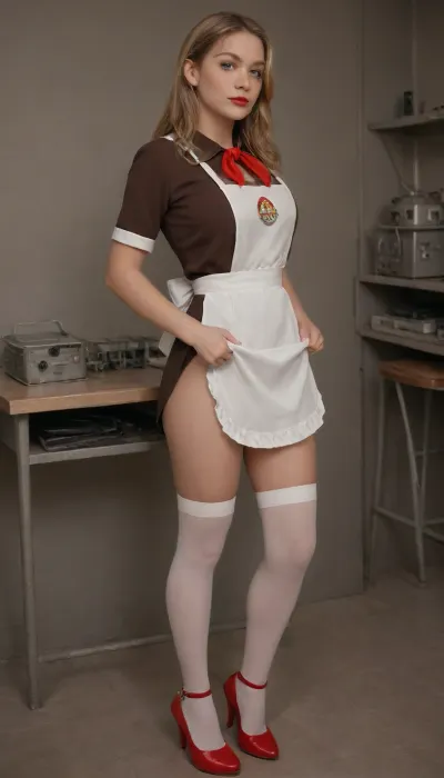 Woman 25 years old, tall, slim figure, big breasts, pretty face, blonde, long square, red lips, blue eyes, Soviet school uniform 1980, ((dark brown dress, white big direct apron, apron with cables)), pioneer tie, white stockings, red high-heeled shoes, school class, super realism, high quality picture, high definition detail, suxl, pionyrs, shirt, neckerchief, skirt, sash, badge, <lora:suxl:1.6>, <lora:pionyrka:.1>, <lora:XDetail_light:1.4>, green, eyes, blue, brown, perfecteyes, <lora:PerfectEyesXL:.8>, skirtlift, <lora:skirtlift_xl:.8>