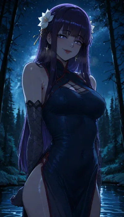 ((markgavatino style)), Melkor mancin style, solo, (cold colors:1.8), summer night, light illuminates behind girl's hair, Temperate forest, big lake, (white flower in hair), mature, purple hair, (sparkling eyes:1.2), (glowing eyes:1.1), slim body, tall, dark-blue eyes, gentle eyes, (red lipstick:.9), (long eyelashes:.7), straight bangs, beautiful night sky, countless bright stars, milky way, in lake, red cheongsam with skirt, sideview, smile, looking at viewer, cute pose, silk gloves